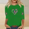 Women's Casual Printed Top with Heart and Butterfly Design, Round Neck, Three-Quarter Sleeves, Loose Fit
