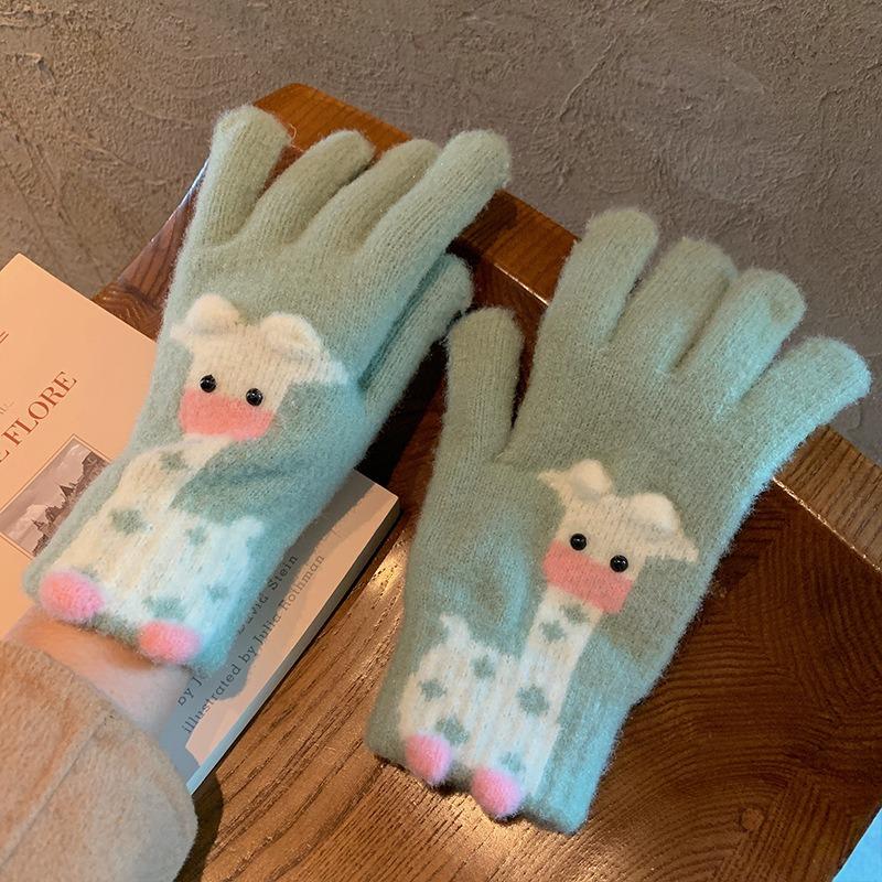 Cartoon Thermal Gloves Women Winter Thickened Cute Couple Student Cold Knitted Wool Riding Five Fingers