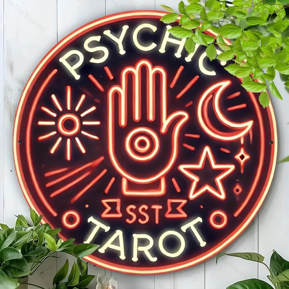 Psychic Tarot Neon Sign, Round Metal Wall Art. Durable Aluminum Decor for Home. Ideal Gift for LR, Bar, Cafe, Outdoor Settings.