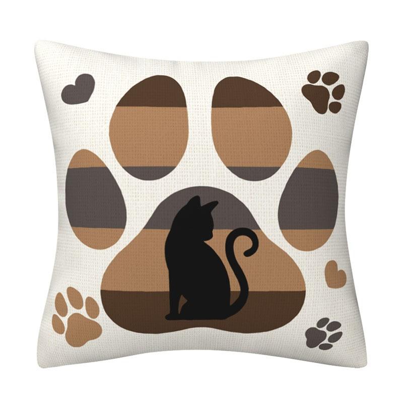 Cute Black Cat Striped Throw Pillow Cover Brown Grey Cartoon Cushion Case Cotton Linen Sofa Cover Bedroom