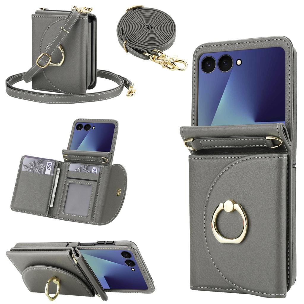 Crossbody Ring Holder Cards Solt Wallet Flip Leather Phone Case For Samsung Galaxy Z Flip 7 6 5 4 3 7FE Adjustable Strap Cover