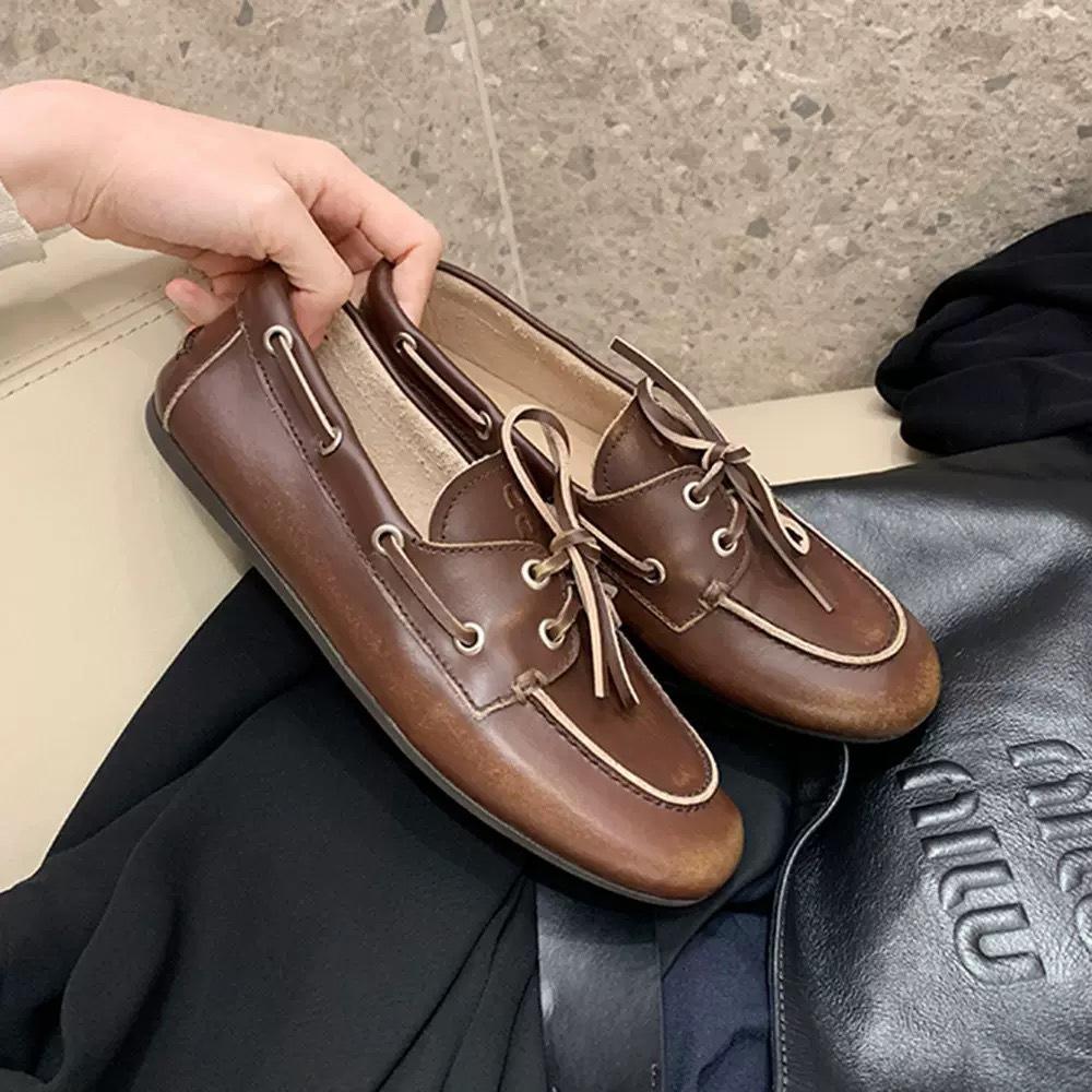 

Sheepskin retro British American lace-up leather loafers women s one-pedal flat-soled single shoes do old lazy small leather shoes 35