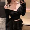 Pure Lust Style Lace Splicing Women's Spring and Autumn Sweet and Spicy One-line Off-shoulder Slim Short Top