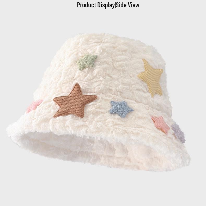 New Arrival: Women's White Star Plush Fisherman Hat - Japanese Style Winter Accessory