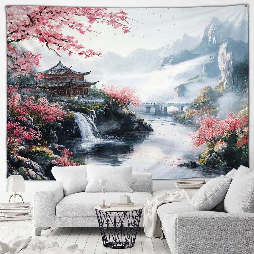 Cherry Blossom Mountain Wall Tapestry Japanese Art Print Boho Decor For Bedroom Living Room Zen Theme Home Interior Hanging