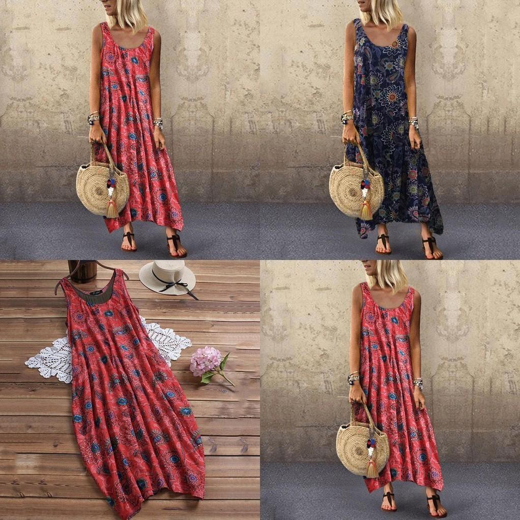 Elegant Womens Summer Sleeveless Holiday Long Boho Kaftan Tank Dress For Beach