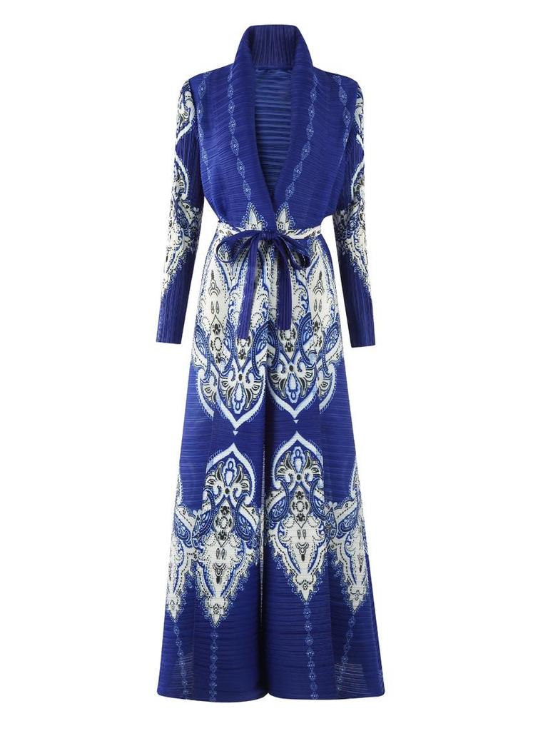 Pleated Printed Long Trench Coat for Women - 2025 Spring Lapel Loose Fit Plus Size Long Sleeve Robe