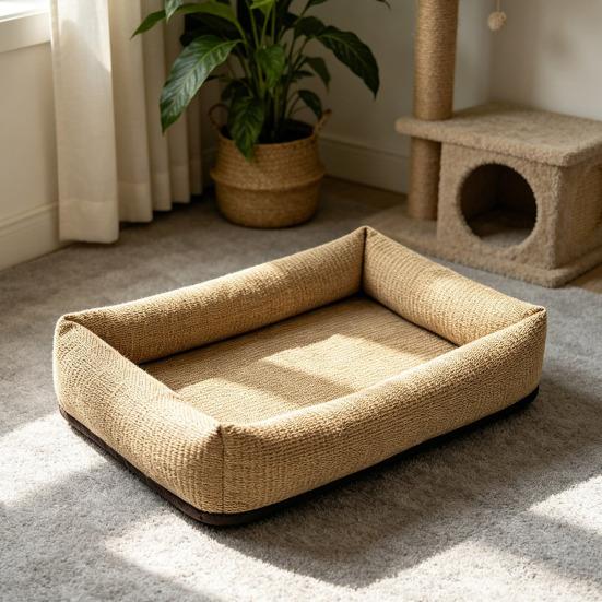 Jute Cat Bed 2-in-1 Cat Bed And Scratching Pad Breathable Pet Lounger Bed with Raised Edges Anti-Slip Bottom for Cats Small Dogs All Seasons