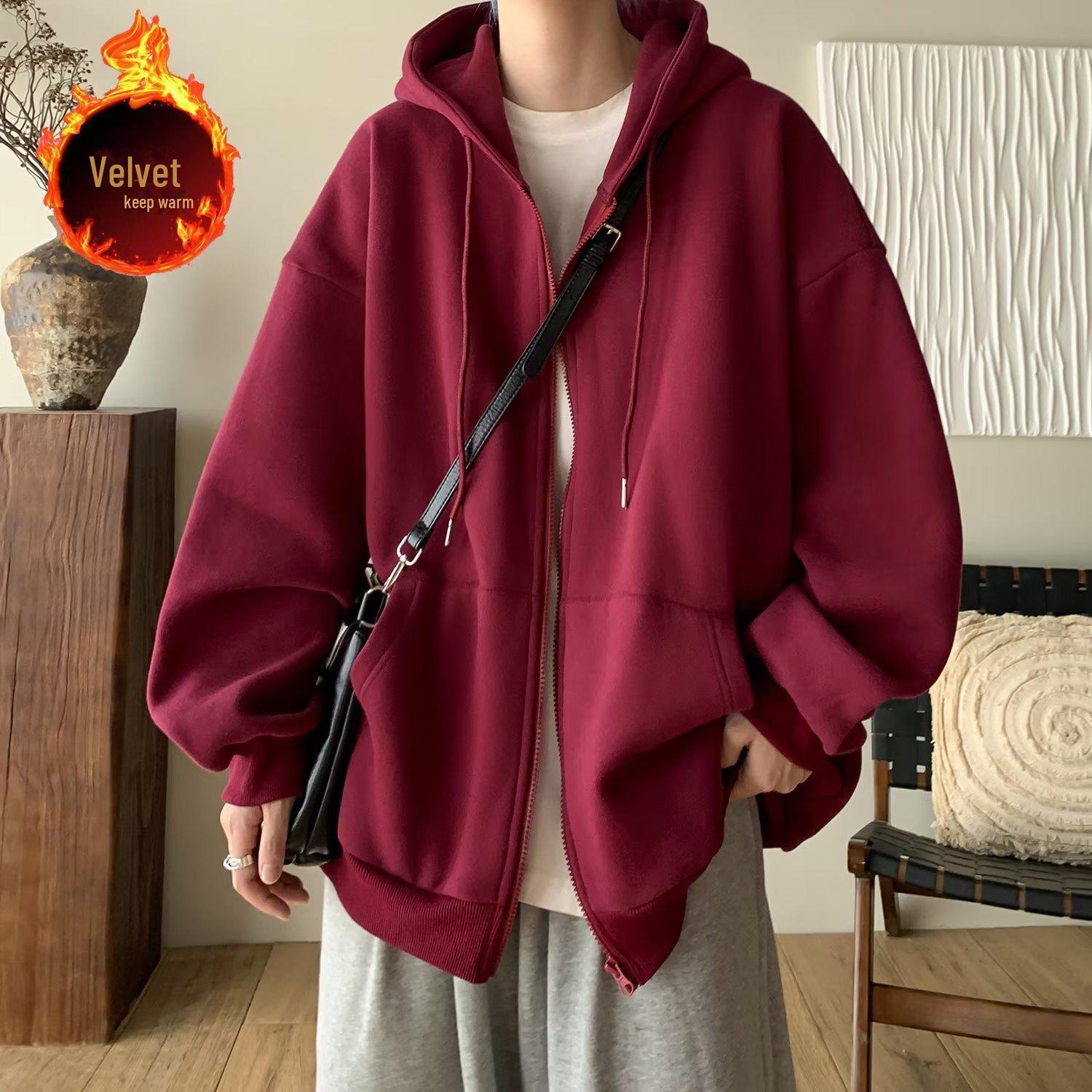 

Мужская куртка с капюшоном цвета красного вина: Весна/Осень Плотный свободный свитер-кардиган на молнии M