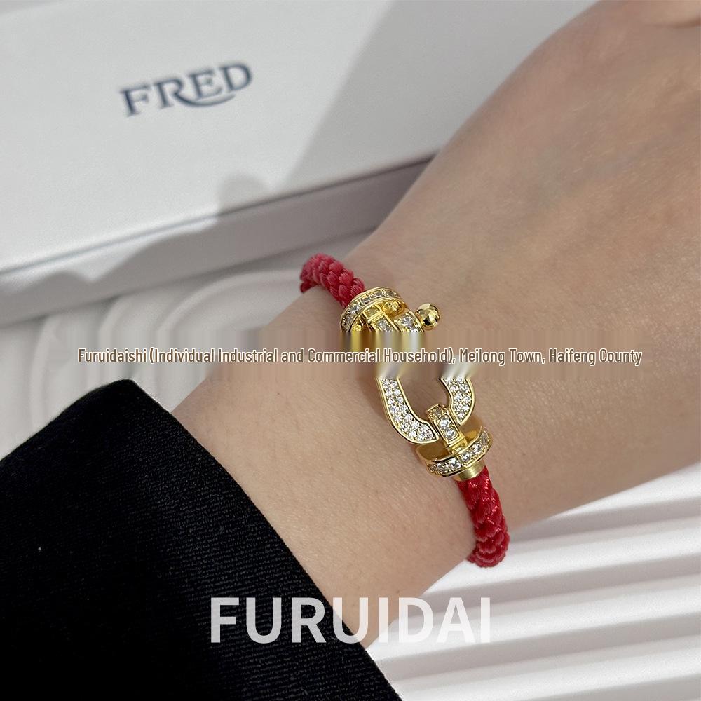 Bracciale Fred Placcato Oro 18k con Ferro di Cavallo Diamantato Zodiaco Corda Rossa - Unisex Stile Fai da Te a Forma di 8