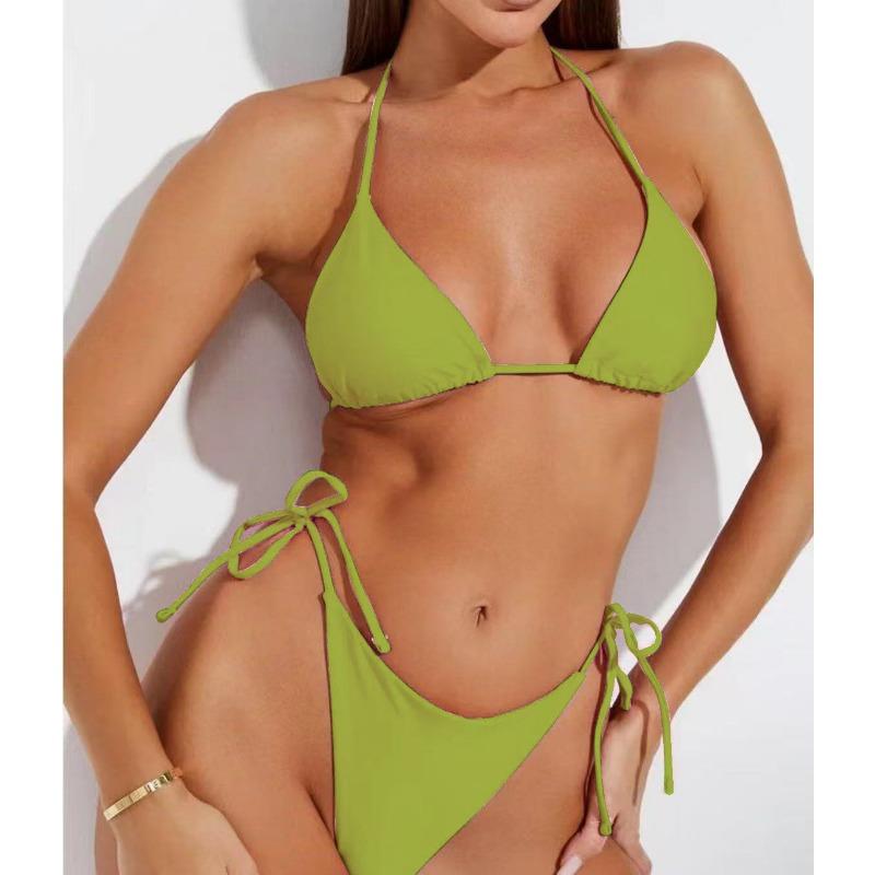 Einfarbiger Dreieck-Bikini mit Binde-Seiten-Tanga Zweiteiliger Badeanzug