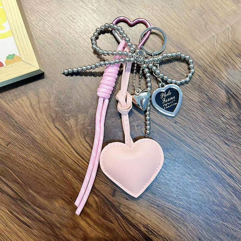 Trendy Leather Heart Bow Keychain Delicate Beaded Keyring Car Key Holder Bag Pendant Decoration For Girls Gift