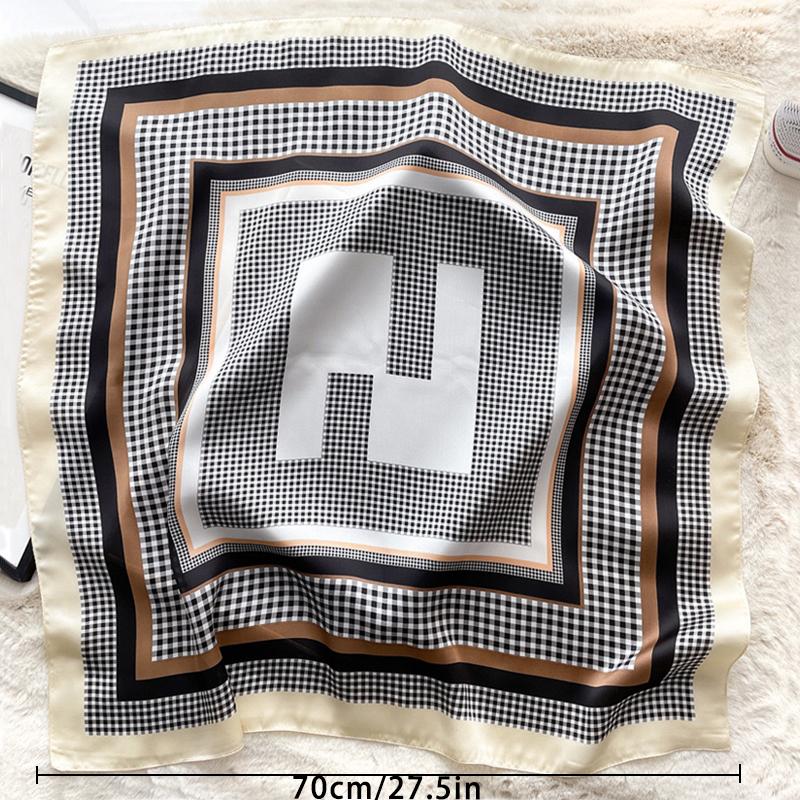 1Pcs 70Cm Checkerboard Geometric Pattern Silk Scarf For Women Imitation Silk Simple Versatile Headwear Clothing Square Scarf