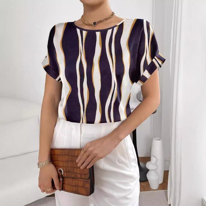 Летняя Популярная Женская Модная и Элегантная Полосатая Принтованная Рубашка с Коротким Рукавом Топы S темно-синий