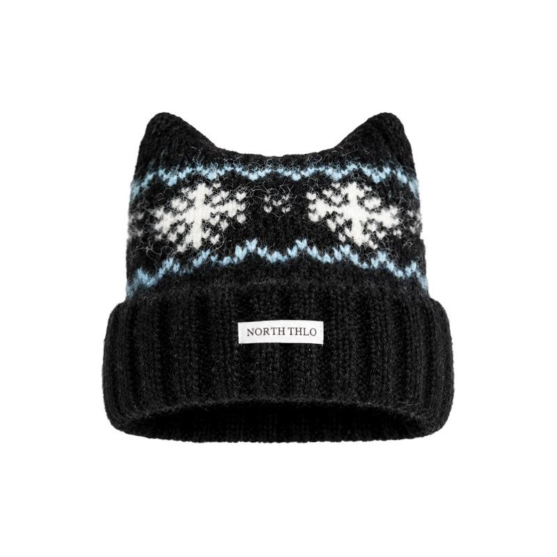 2026 autumn and winter new Fair Island wind cat ear wool hat, fleece warm cold hat, big head circumference and small knitted hat