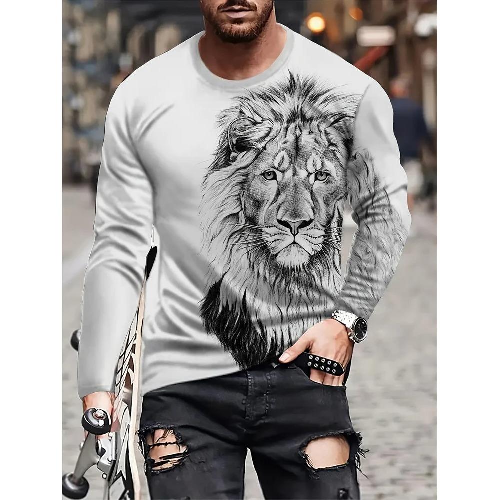 Spring and Autumn Round Neck Lion Pattern 3D Printed Top Fashionable Casual Long Sleeved Men's T-shirts