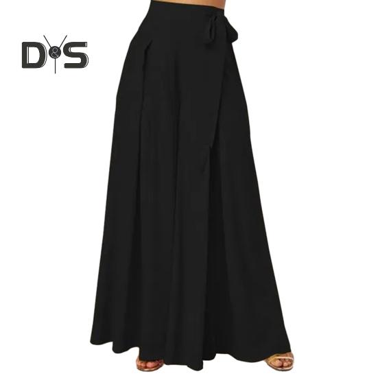 

Женская юбка-брюки с широкими штанинами, на шнуровке, с бантом, с высокой талией, свободные, однотонные, с большим подолом, с глубоким шаговым швом, полная длина, повседневные, танцевальные, для выступлений, кюлоты, длинные брюки L чёрный