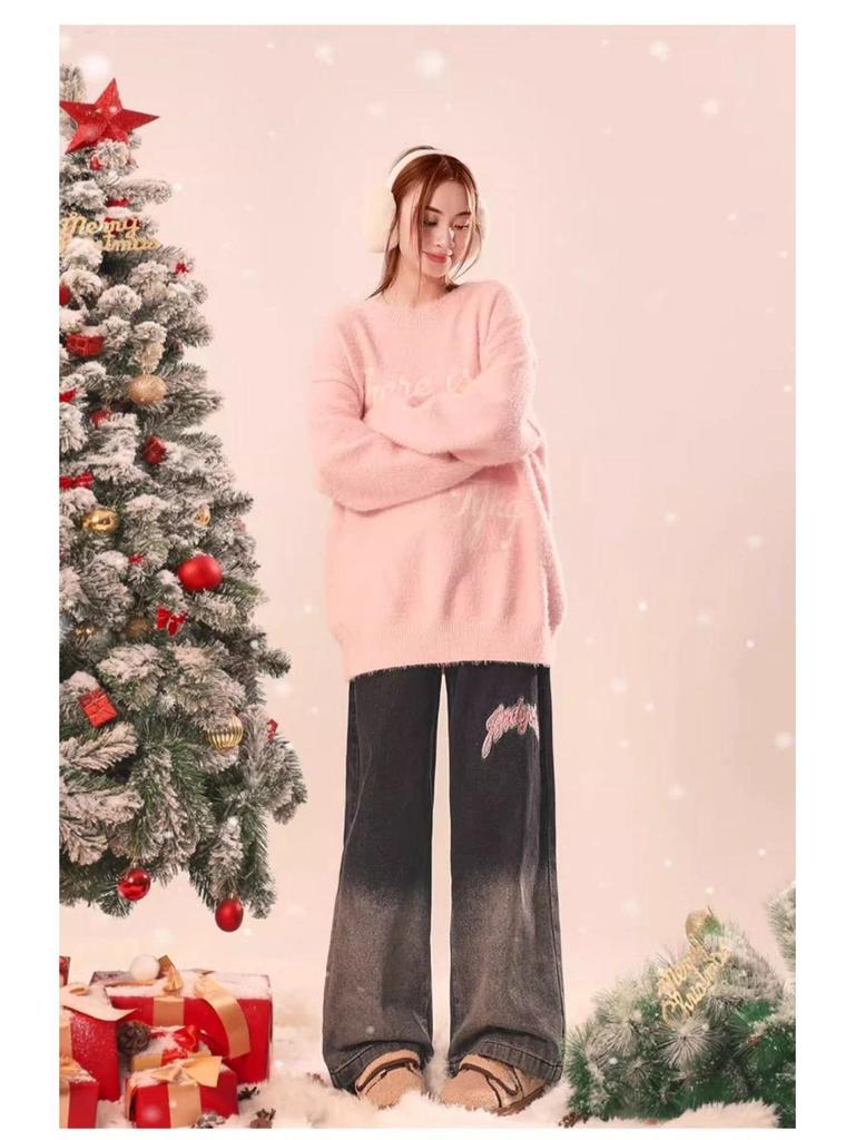 Women's Winter Velvet Gradient Embroidered Wide-Leg Jeans