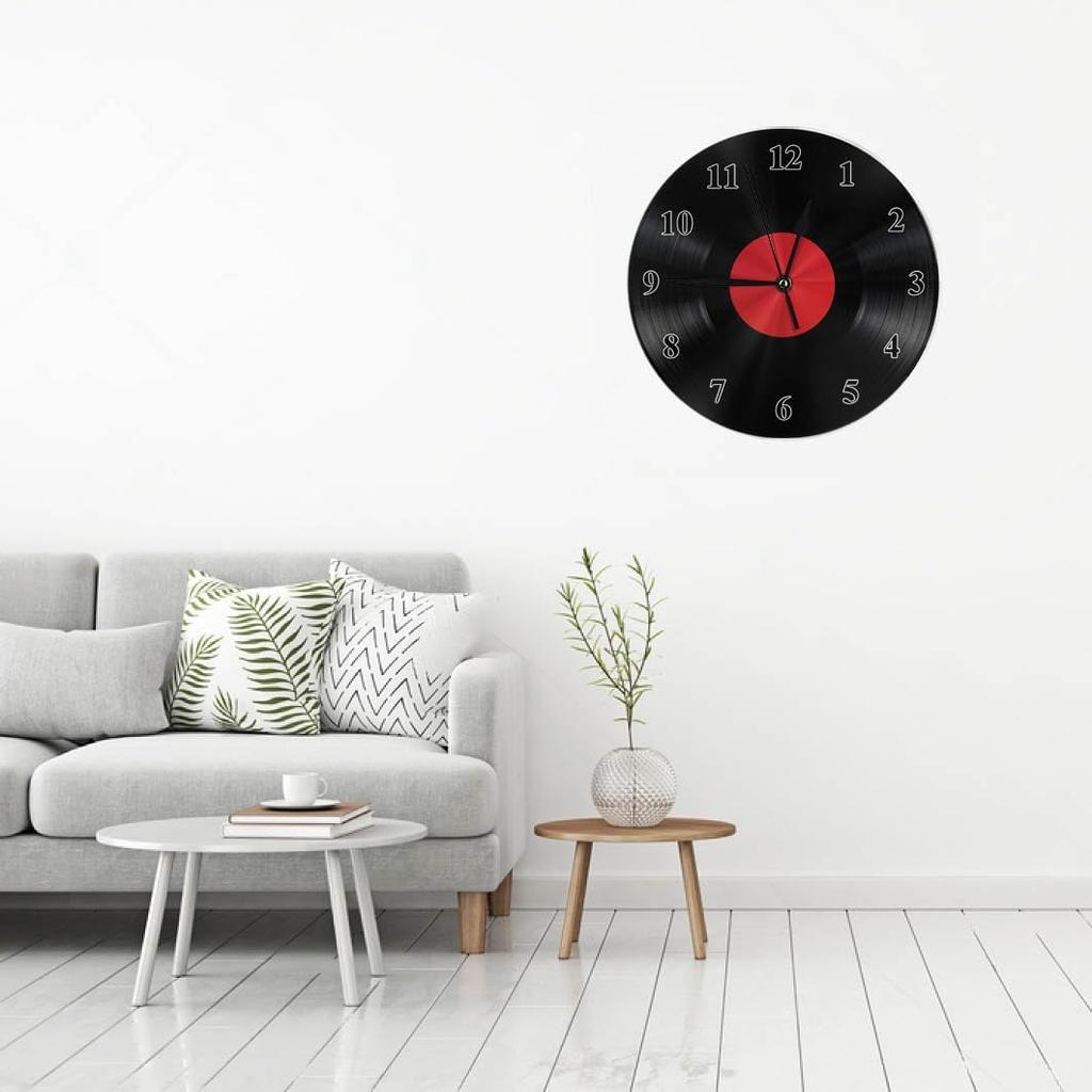 Record Vintage Wall Clock Round 10 Inch Battery Operated Black Album Disc with Blank Red Label Music Retro Quartz Silent Wooden Clocks Art Decorative
