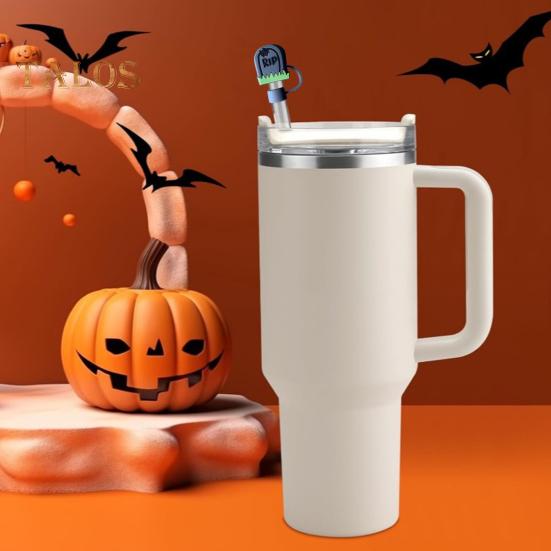 12 ks Halloweenských silikonových ozdob na brčka Opakovaně použitelný kryt na brčko Víčko odolné proti stříkající vodě pro 10mm brčka Ekologické krytky na pití