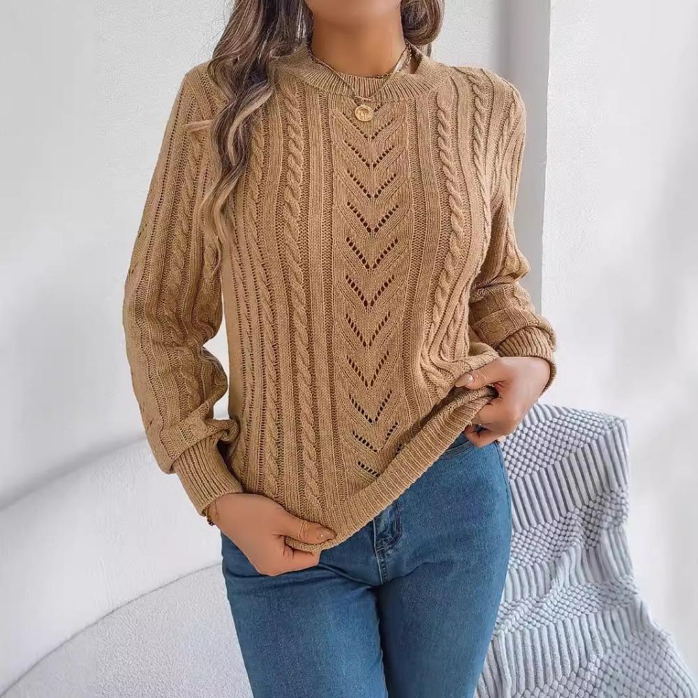 

Women s Sweatshirt Casual Solid Colour Openwork Lantern Sleeve Pullover Knitwear Long-Sleeved Top S хаки