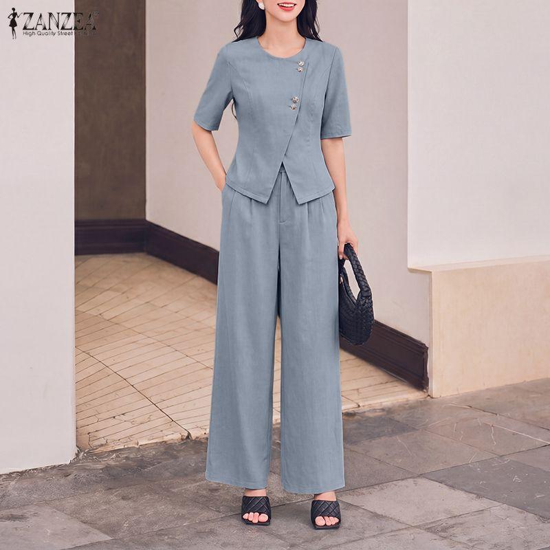 ZANZEA Completo estivo da donna a due pezzi con camicetta a maniche corte e pantaloni lunghi