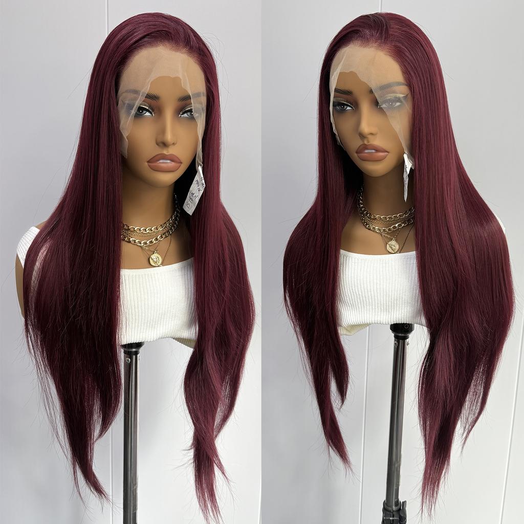 AIMEYA Burgundy Lace Front Wig Heat Resistant Synthetic Long Straight Wig for Black Women Natural Hairline Daily Used Cosplay