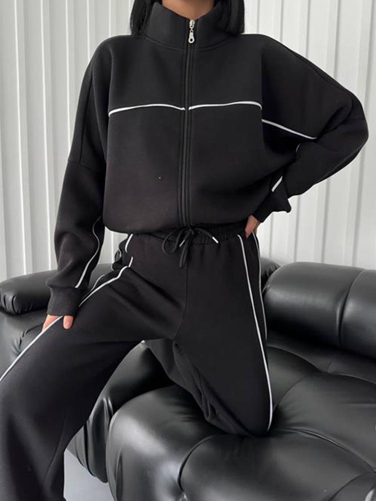 European and American Casual Set with Long Sleeve Cardigan Hoodie and Lace-up Striped Pants