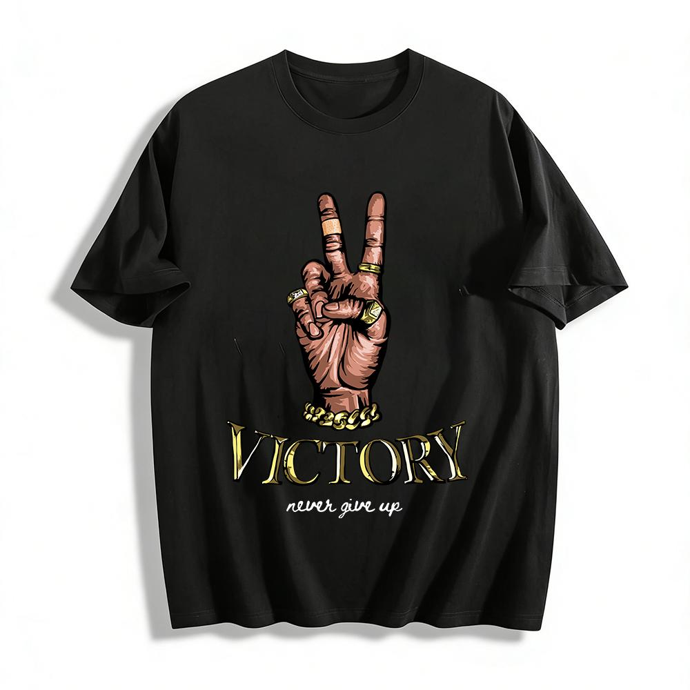 

Hip Hop Style Victory Hand Print T-Shirt Unisex Casual Streetwear Top Pure cotton T-shirt 6XL