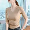 Solid Color Mid-sleeved T-shirt for Women New Women's Clothing Temperament V-neck Thread Base Shirt Pleated Waist Raft Top