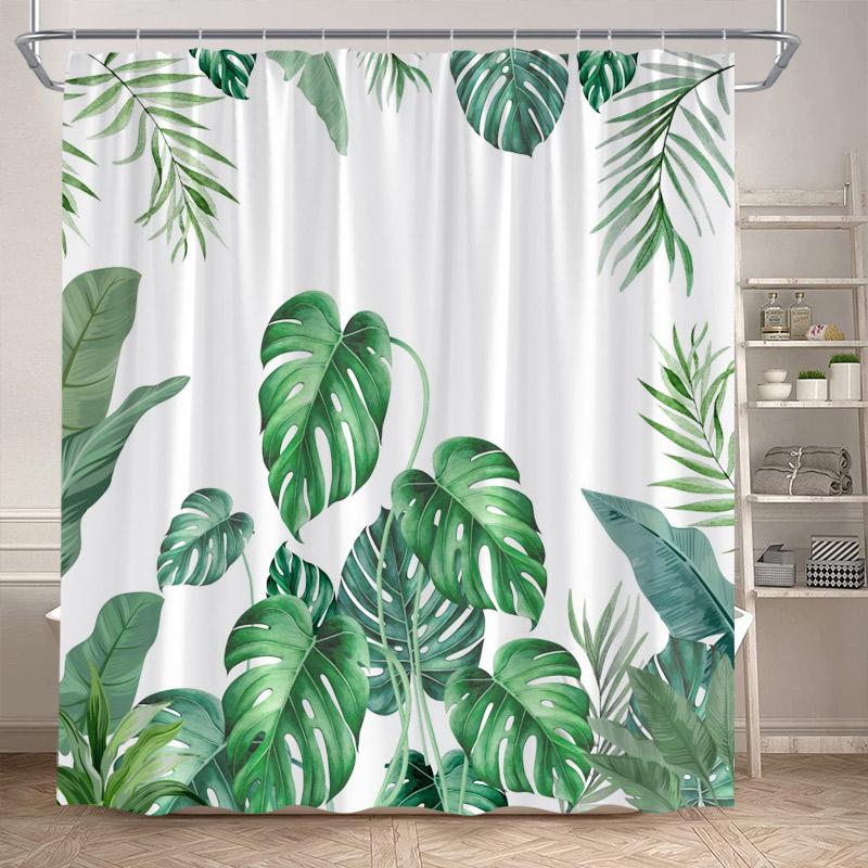 Tropische Blätter Duschvorhang Grün Palmenblatt Monstera Pflanze Badvorhänge Set Polyestergewebe Heim Badezimmerdekor Mit Haken
