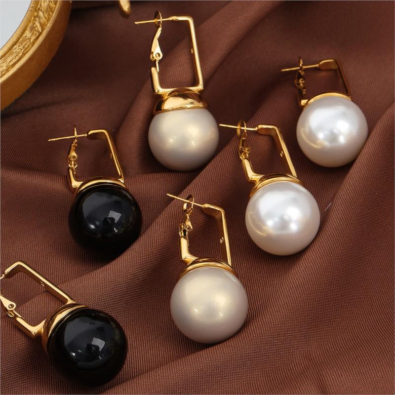 Black Beads Pendant Earrings For Women Stainless Steel Gold Plated Earrings Women's Imitation Pearl Earring Luxury Woman Jewelry