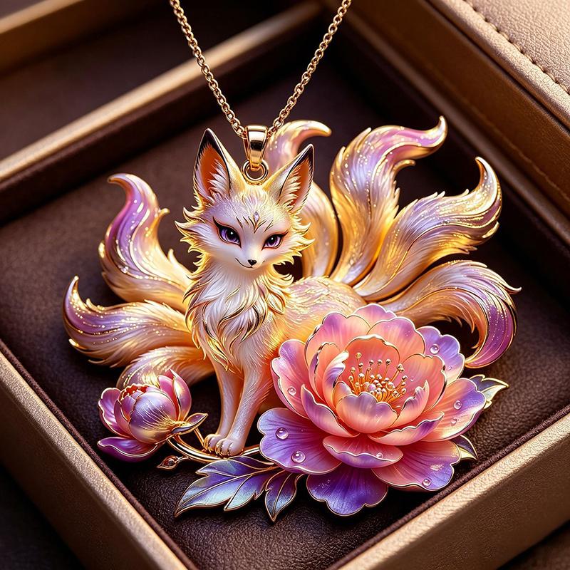 Chinese Mythology Nine-tailed Fox Enamel Pendant Necklace Fashion Minimalist Jewelry for Women Valentine's Day Gift for Her