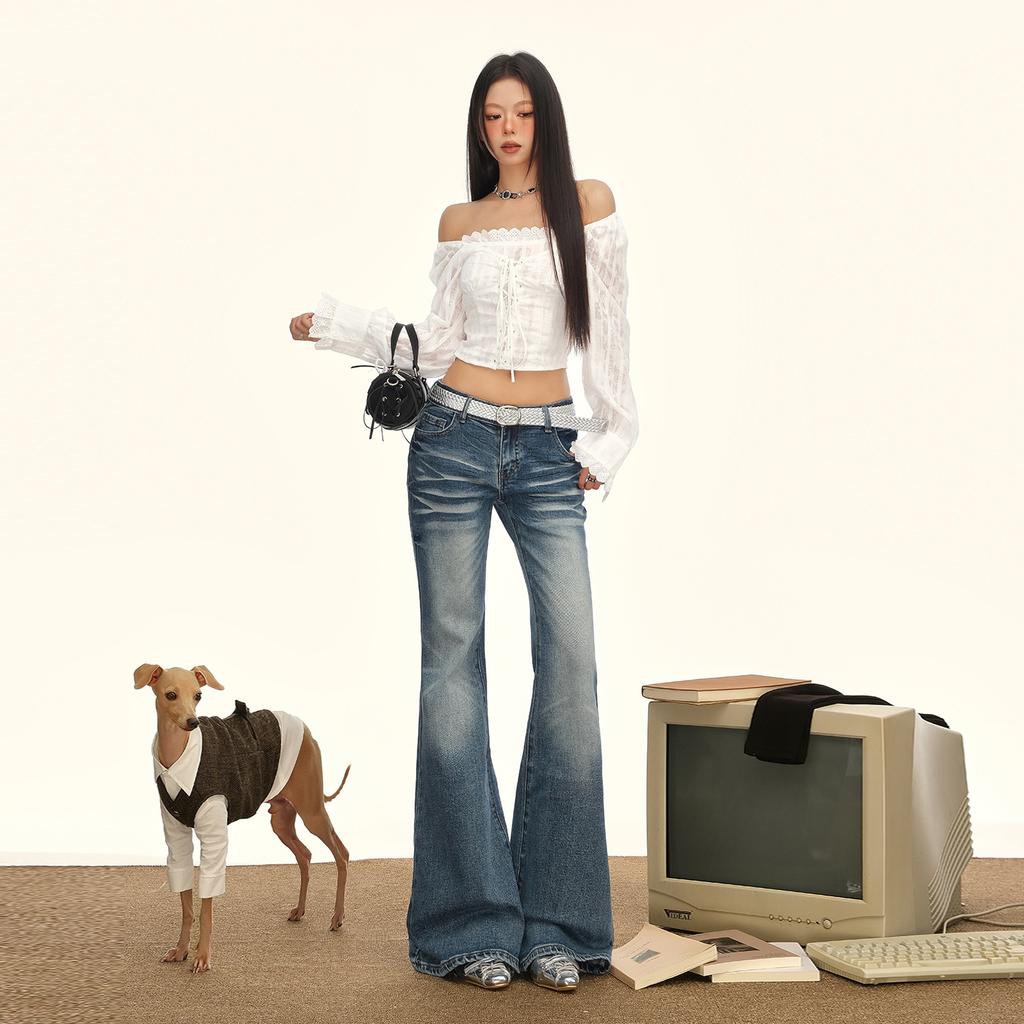 Retro washed low-rise slightly pulled jeans women's autumn and winter new elastic slim-fitting and thin versatile bell pants