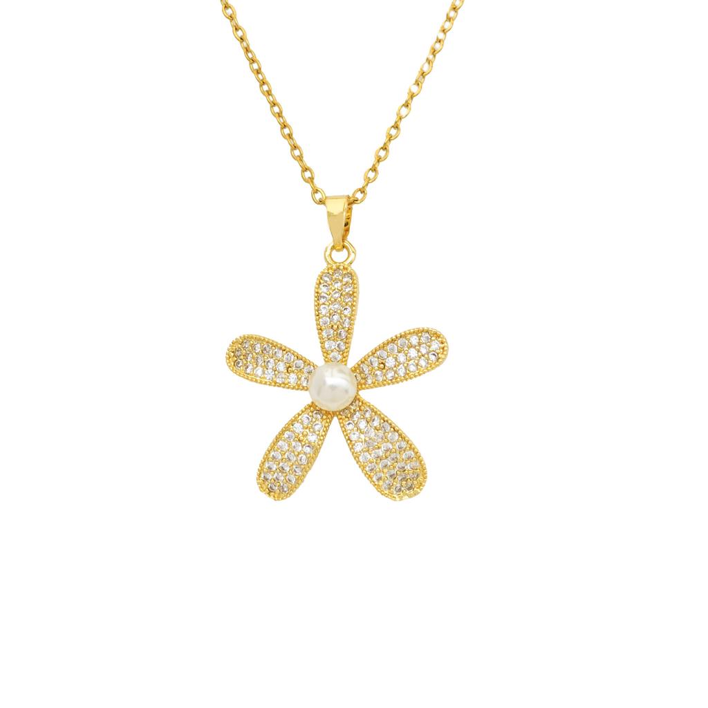 Necklace Female Sunflower Pearl Necklace Autumn and Winter Fashion Versatile Light Luxury Titanium Steel Non-fading Clavicle Chain Full of Diamond