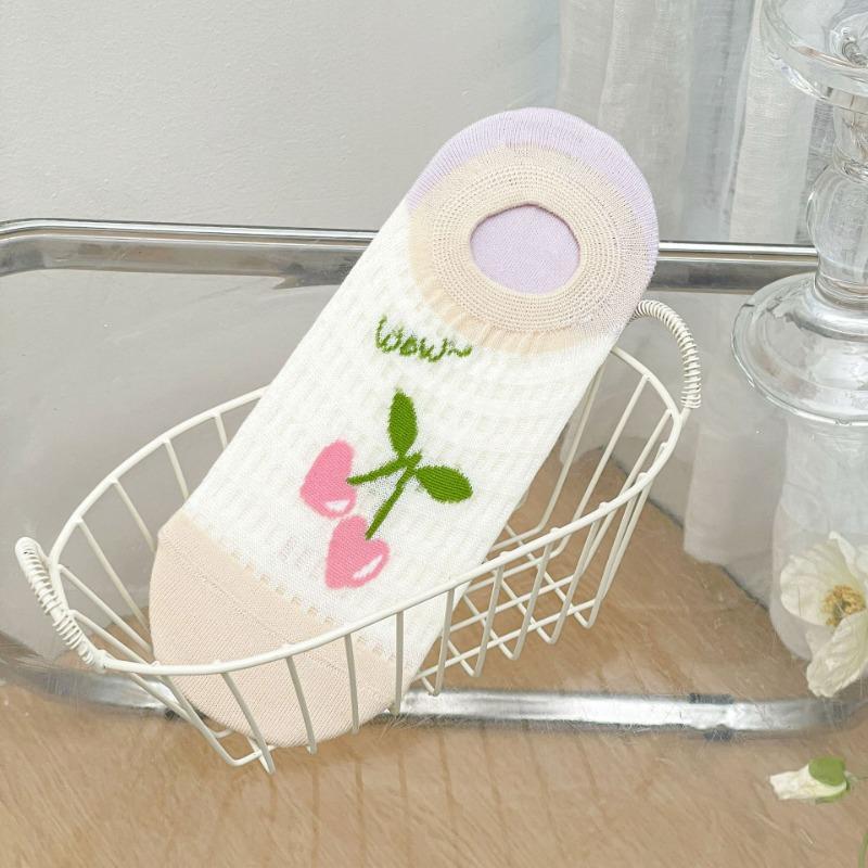 

Женские летние тонкие мультяшные сетчатые полые носки-лодочки из хлопка с невидимым силиконовым нескользящим эффектом 1 pair вишня