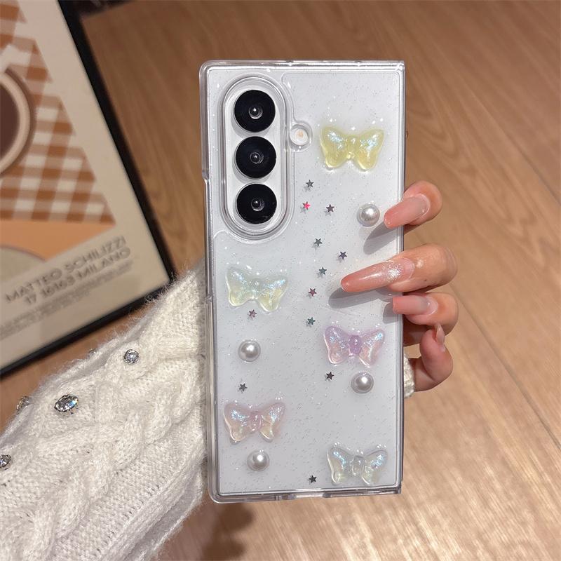 Glitter Clear Phone Case For Samsung Galaxy Z Fold 7 6 5 4 Cute 3D Butterfly Pearl Flower Shockproof Cover With Pink Beads Wrist For Z Fold7