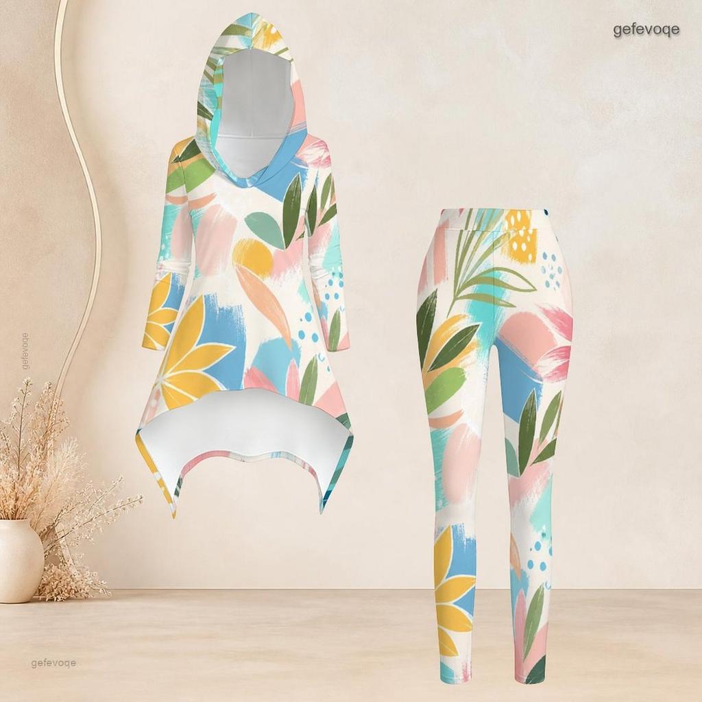 Women Plus Size Printed Hooded Long Sleeve High Low Top And Fitted Pants Two Piece Set