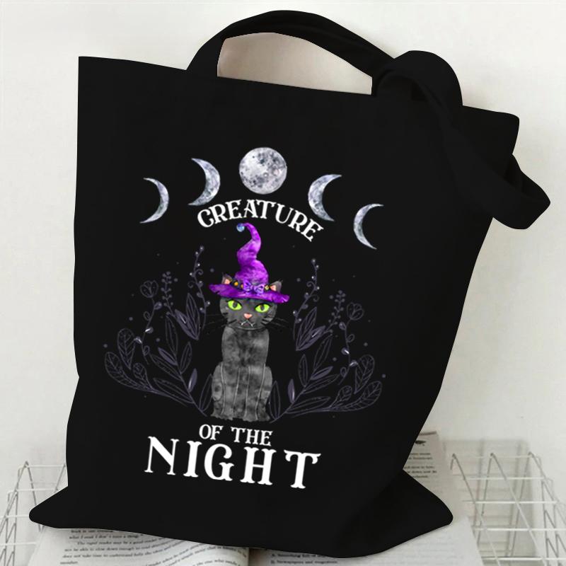 Cat Tote Bag Gothic Black Cat Shopper Halloween Party Gift Shopping Bag Spooky Seasonal Fun Animal Women's Tote Bag