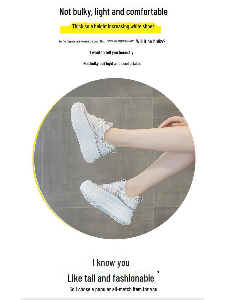 Breathable Mesh Rhinestone Thick-Soled White Dad Sneakers for Women