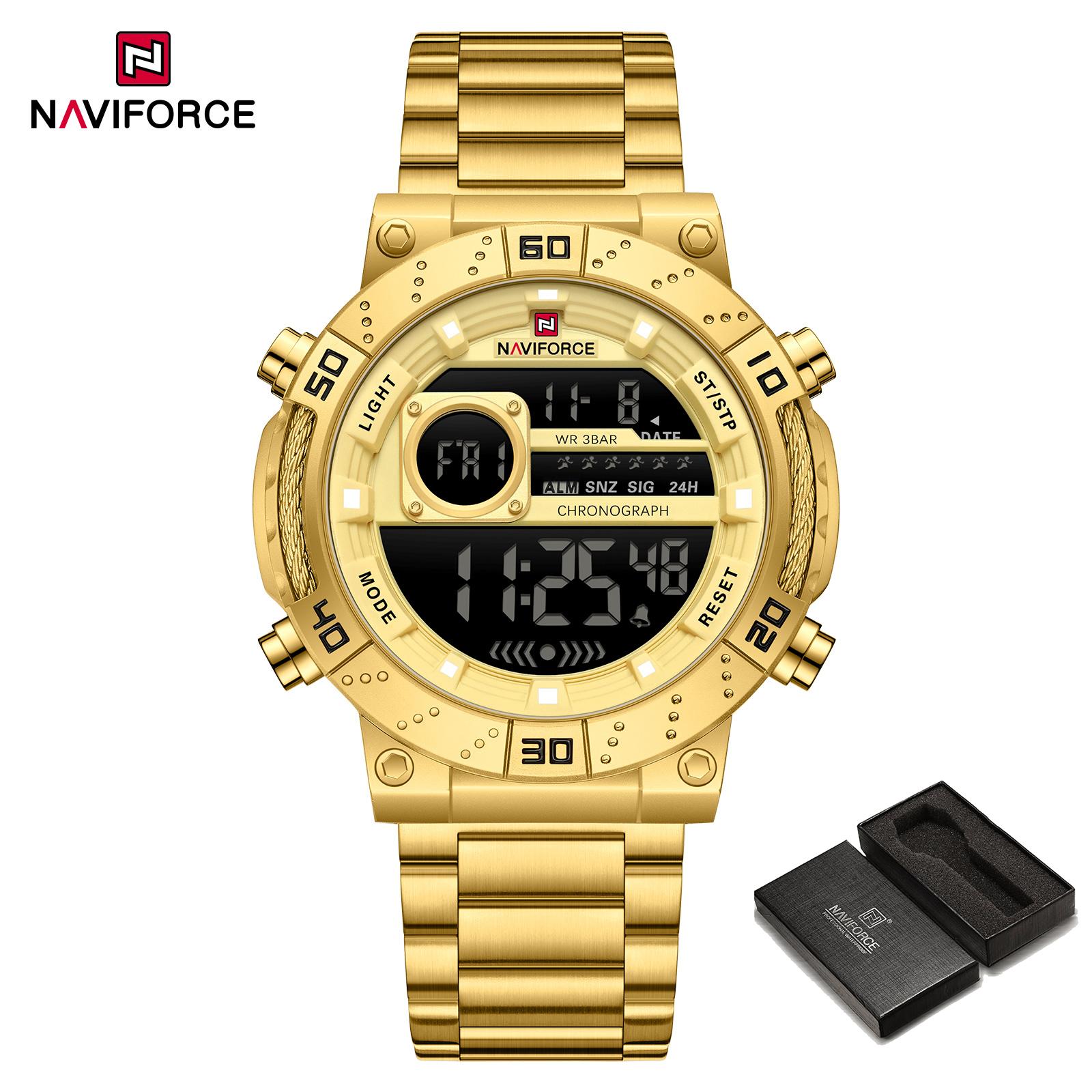 

Цифровий РК-годинник NAVIFORCE для чоловіків, дата, хронограф, будильник, ремінець з нержавіючої сталі, водонепроникний, нічний візерунок, багатофункціональний чоловічий годинник NF9241S золотий