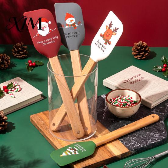 Butter Spreading Scraper Silicone Spatula with Wooden Handle, Christmas Tree/Snowman/Santa Claus/Elk Pattern Baking Accessories for Home Decor,