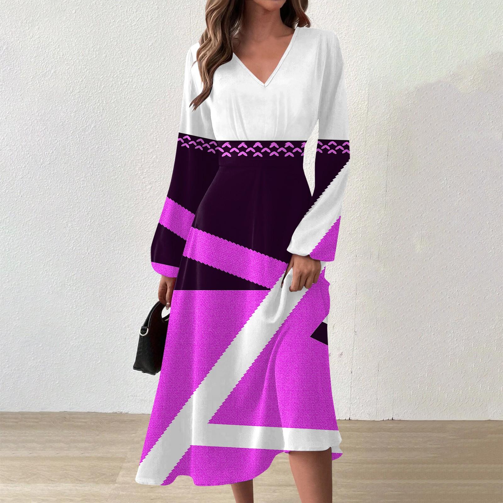 

Women s Autumn And Winter Casual Fashion V-neck Long Sleeve Geometric Print Long Dress XL