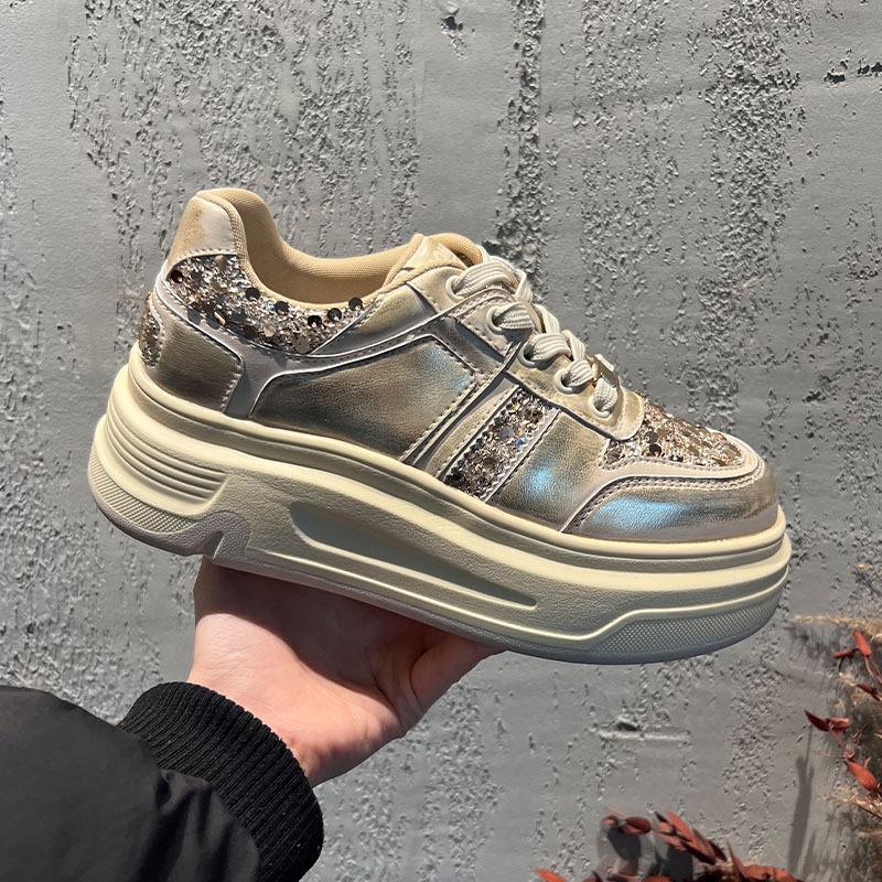 

Suction film sole white shoes women s spring new thick-soled heightening shoes commuting versatile casual single shoes sequined women s shoes 40 шампанського