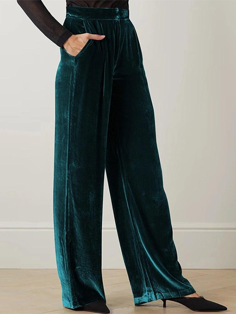 Women's Wide Leg Velvet Long Trousers New Summer Empire Elastic Waist Casual Solid Bottoms Office Lady Vintage Pocket Full Pant