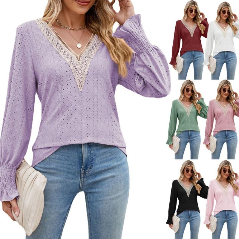Spring and Autumn Women's T-shirt Tops Jacquard Chiffon Shirt Lace Stitching Long Sleeve Loose V-neck Blouse for Women