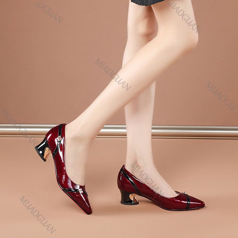 Fashion Women Pumps Spring Autumn Soft Leather Thick Middle Heel Shoes for Women Professional Shallow Mouth Pointed Toe Women's Shoes