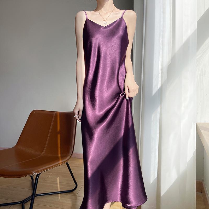Elegant French V-Neck Spaghetti Strap Satin Dress with Slimming Design