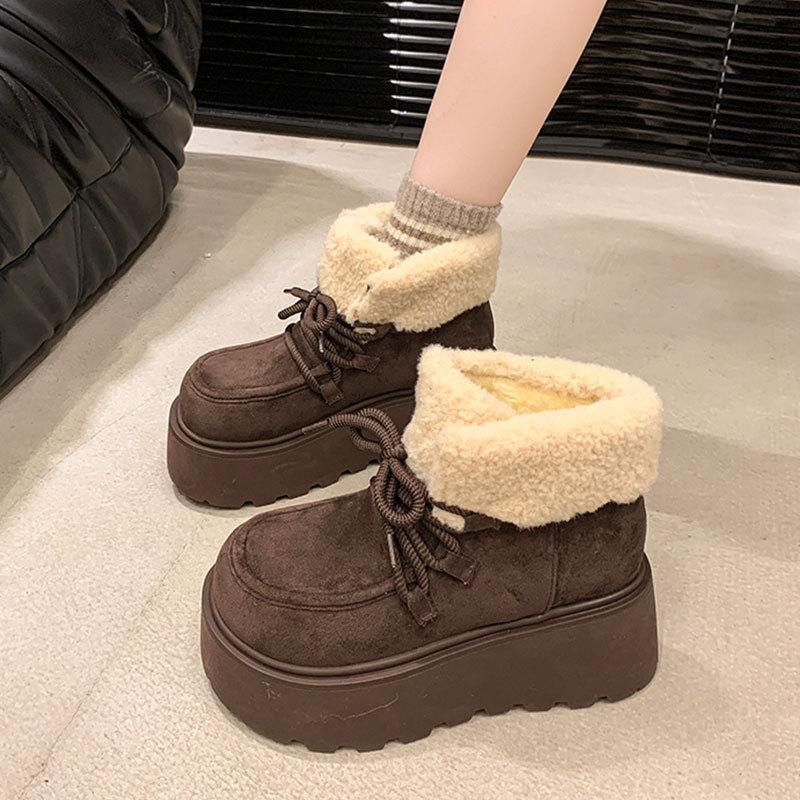 Vintage Women's High-Top Matte Snow Boots with Thickened Fur Lining and Cotton-Padded Soles Ankle Platform Boots