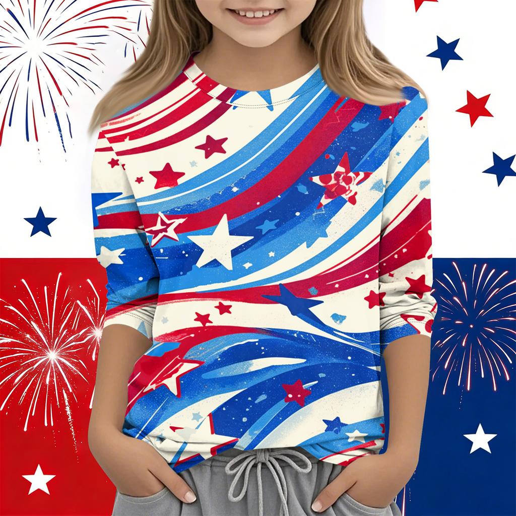 Print Tops For Youth Girls Round Neck 3/4 Sleeves T-Shirts Trendy Tops Outfit Tees Independence Day